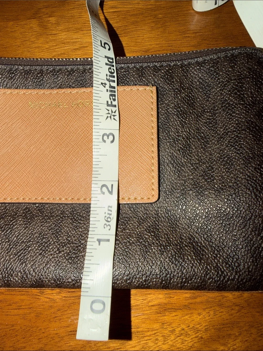 Michael Kors Bedford Double Zip Coated Canvas Wristlet w/ Tan Front Patch Pocket